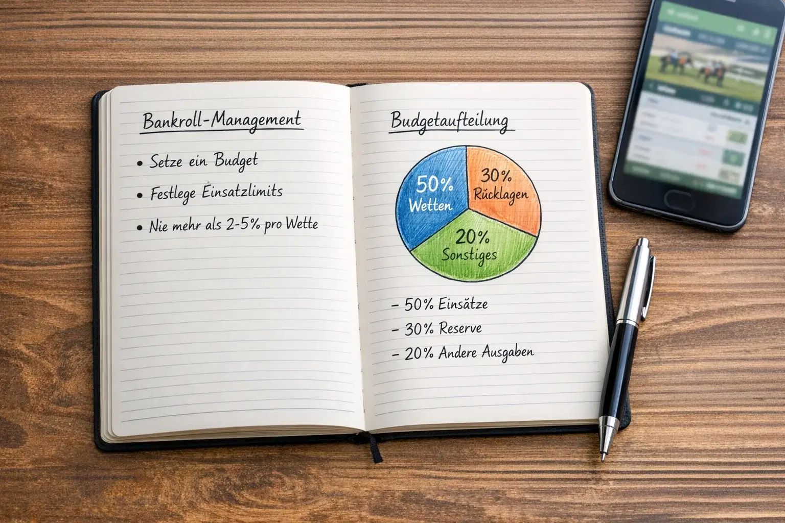 Notizbuch mit Bankroll-Management Notizen für Pferdewetten