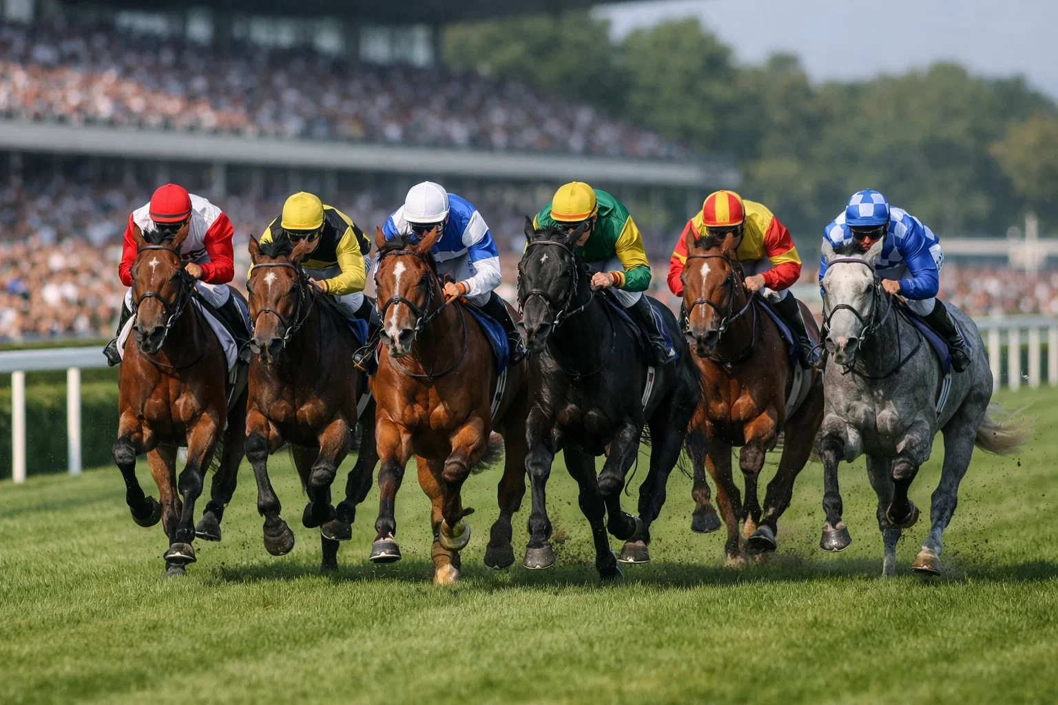 Galopprennpferde im Feld auf der Zielgeraden der Rennbahn Hamburg-Horn beim Deutschen Derby