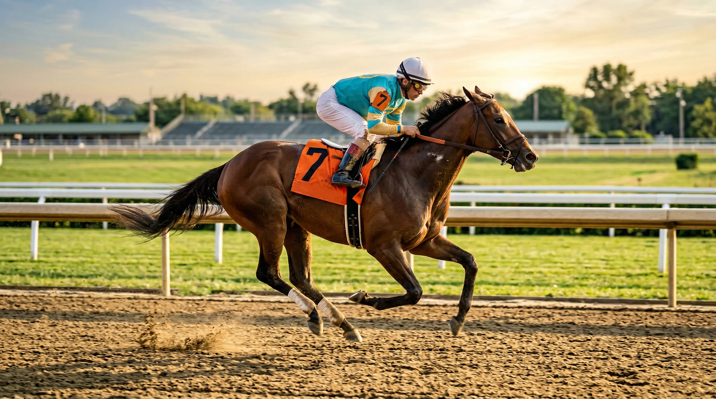 Jockey auf einem Rennpferd in voller Geschwindigkeit auf der Galopprennbahn