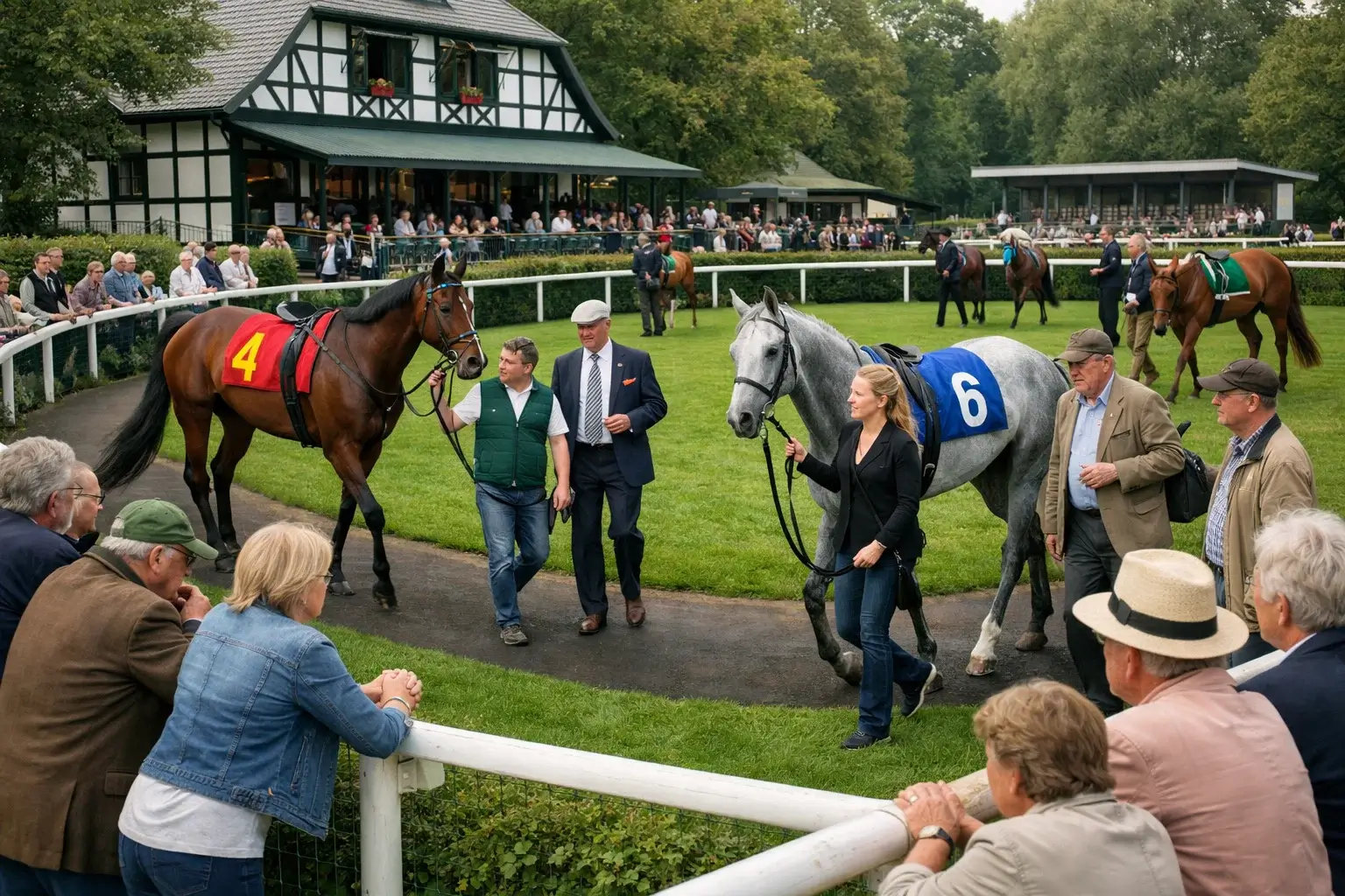 Pferde im Führring vor dem Rennen mit interessierten Besuchern