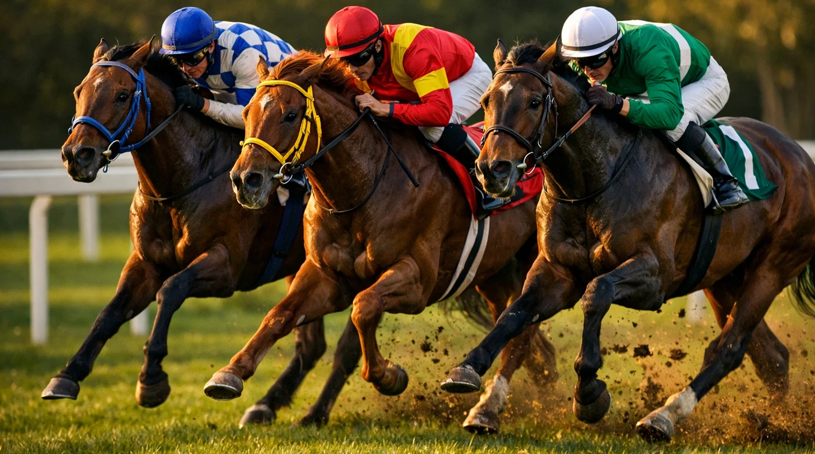 Galopprennpferde mit Jockeys im Finish auf einer grünen Grasbahn bei Sonnenlicht