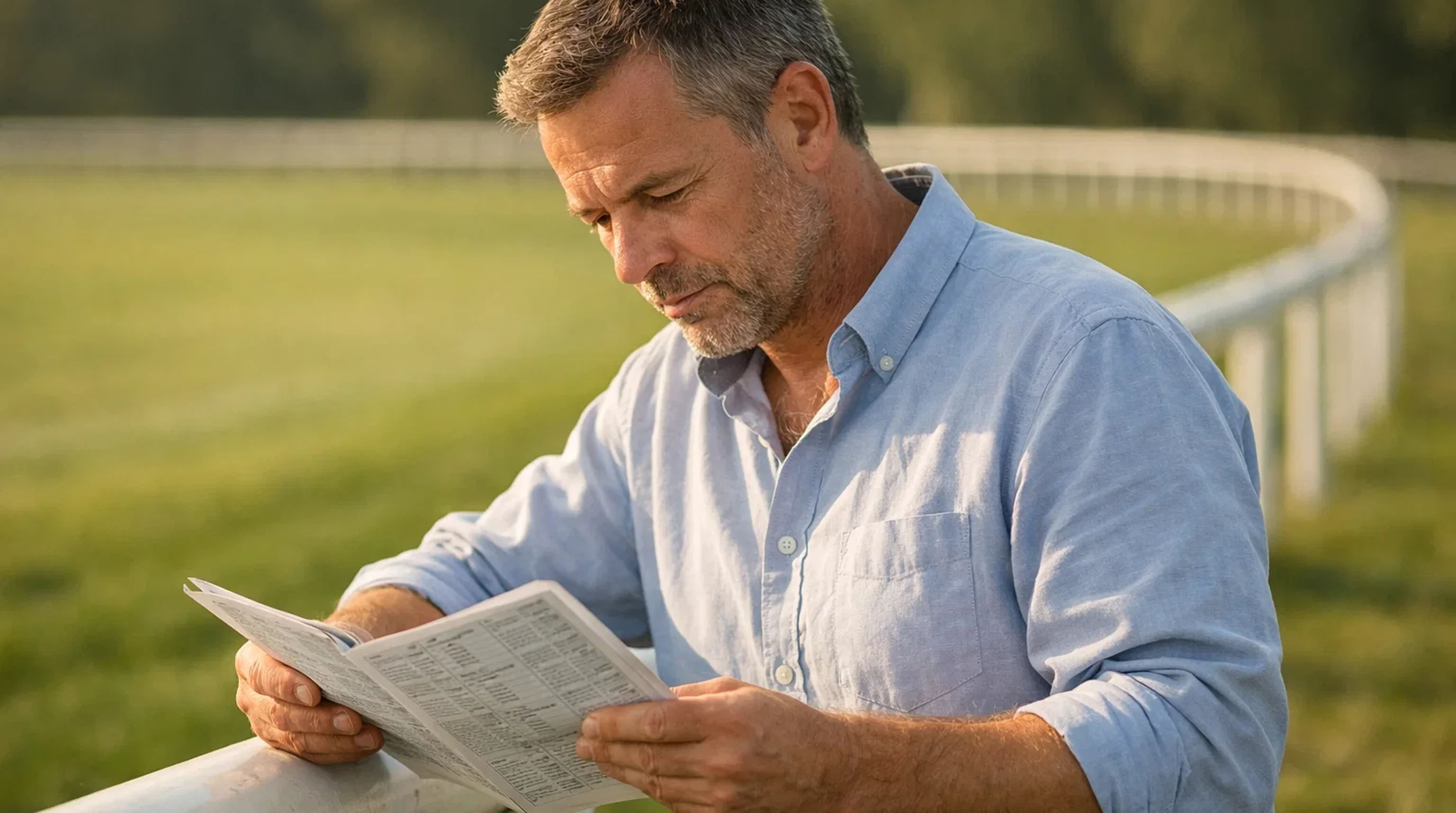 Nachdenklicher Wetter am Geländer einer Pferderennbahn analysiert das Rennprogramm