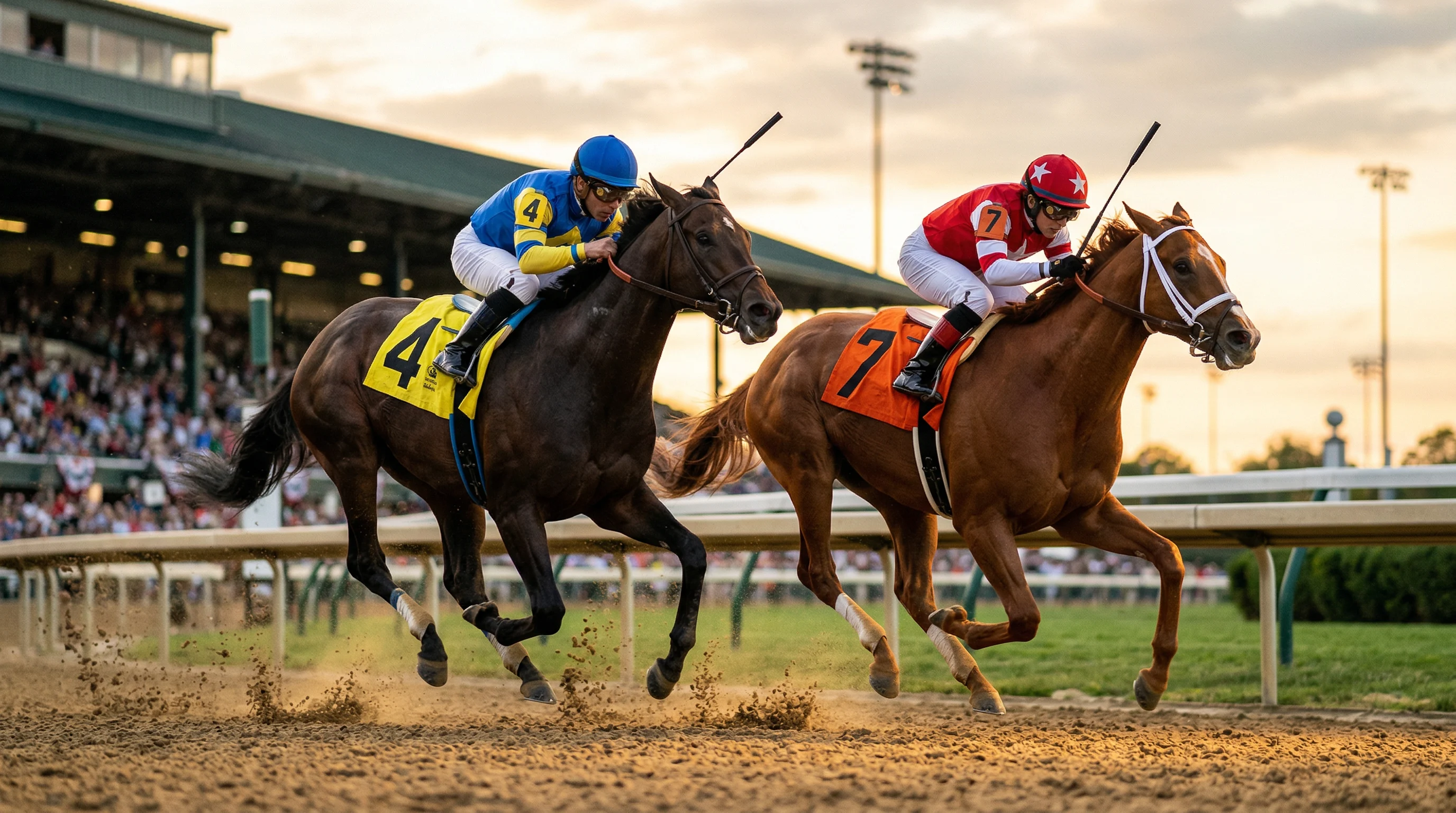 Zwei Rennpferde im direkten Duell auf der Sandbahn