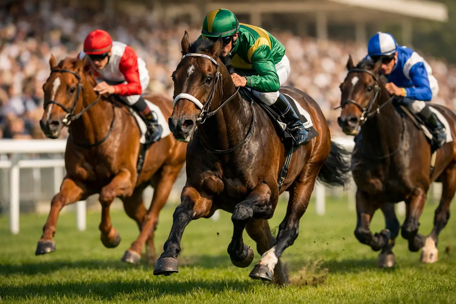 Spannendes Galopprennen auf deutscher Rennbahn mit Jockey im Zieleinlauf