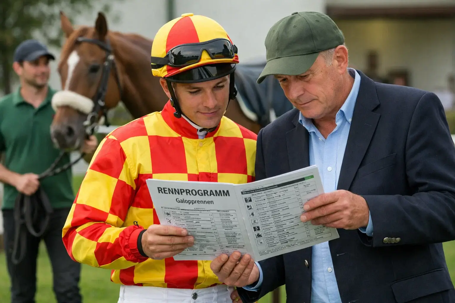 Jockey im Gespräch mit Trainer vor dem Rennen