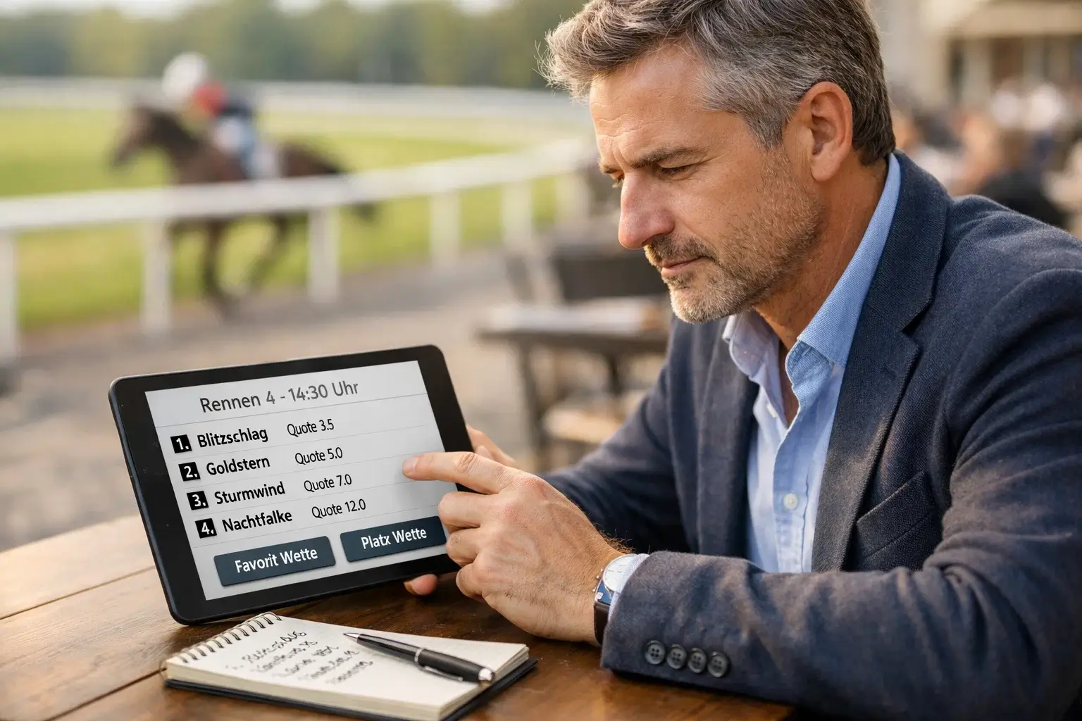 Erfahrener Wetter analysiert Kombinationswetten am Tablet