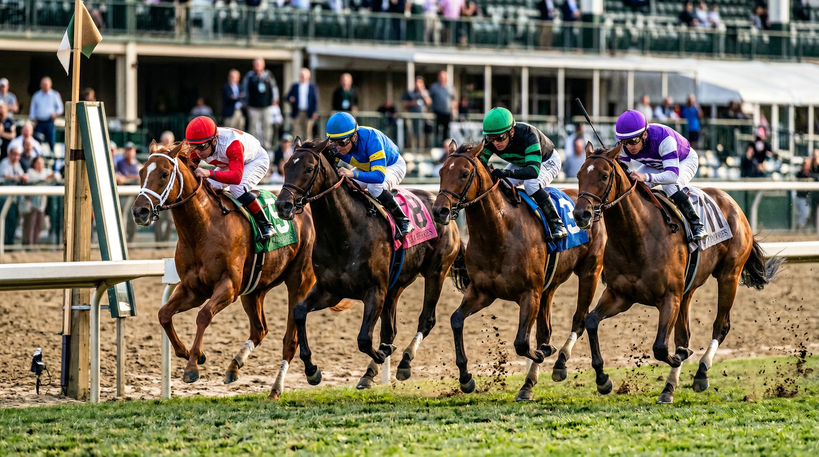 Mehrere Rennpferde im engen Zieleinlauf eines Galopprennnens