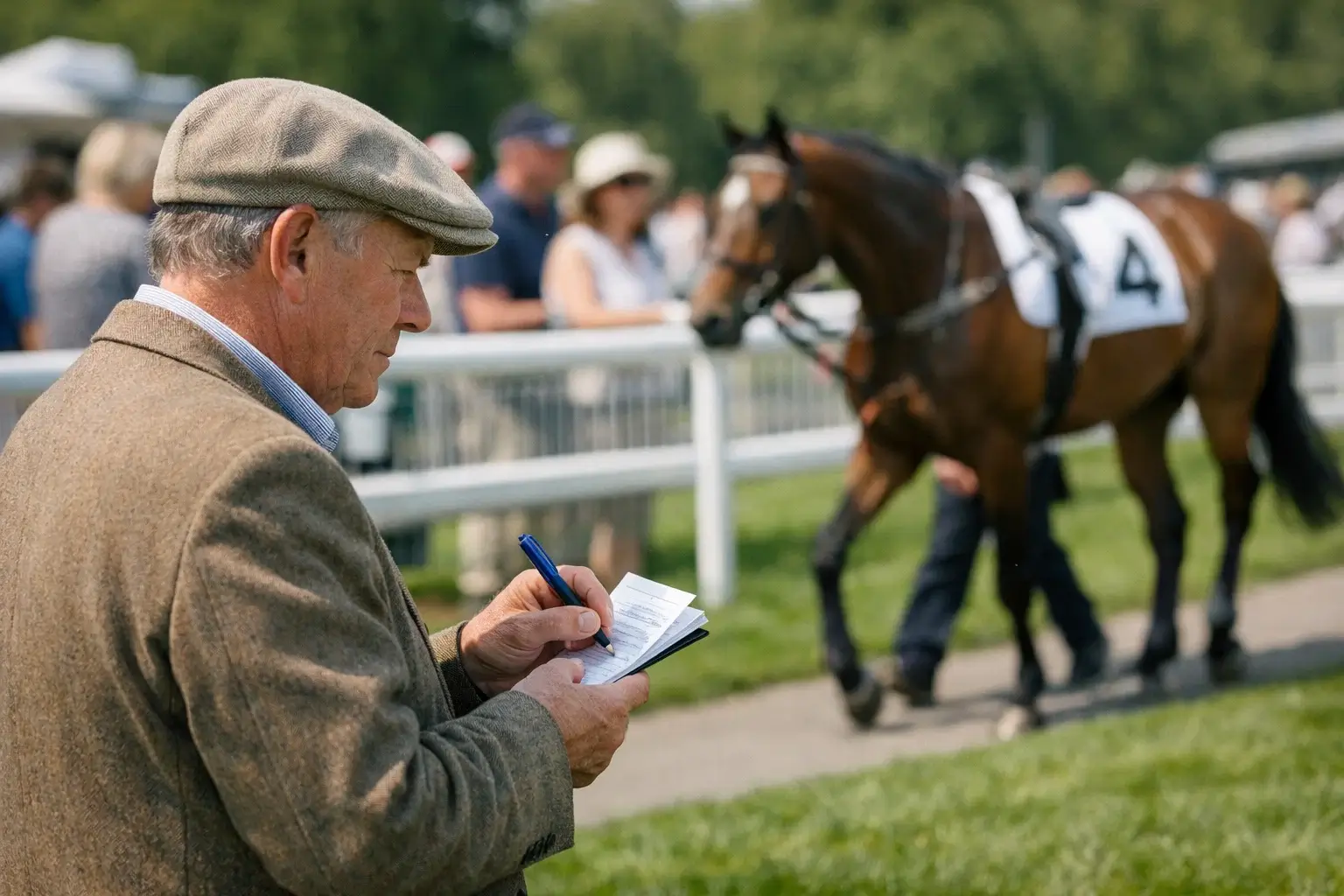 Wetter beobachtet Pferde im Führring vor dem Rennen