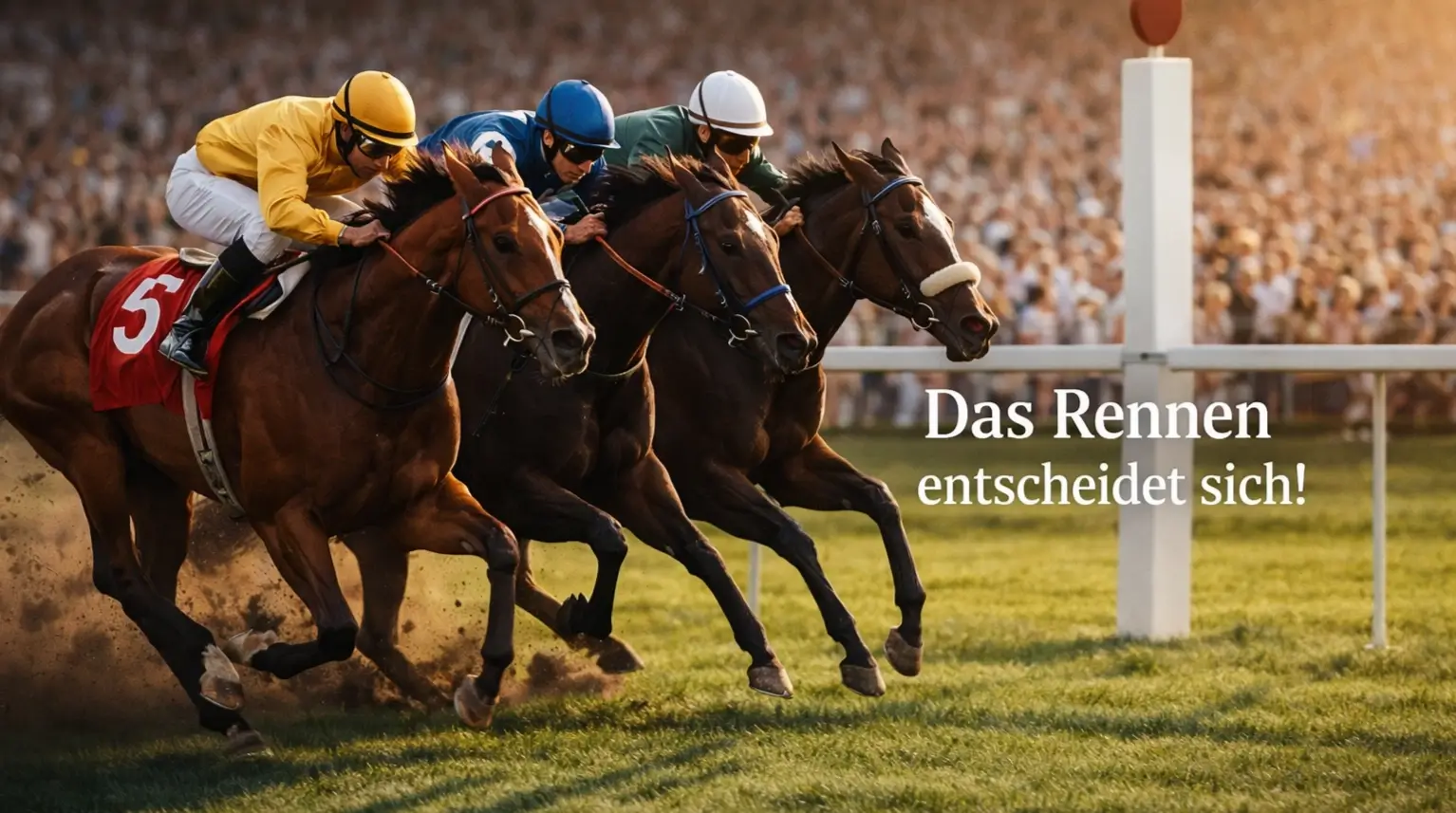 Spannender Zieleinlauf beim Pferderennen auf einer Grasbahn