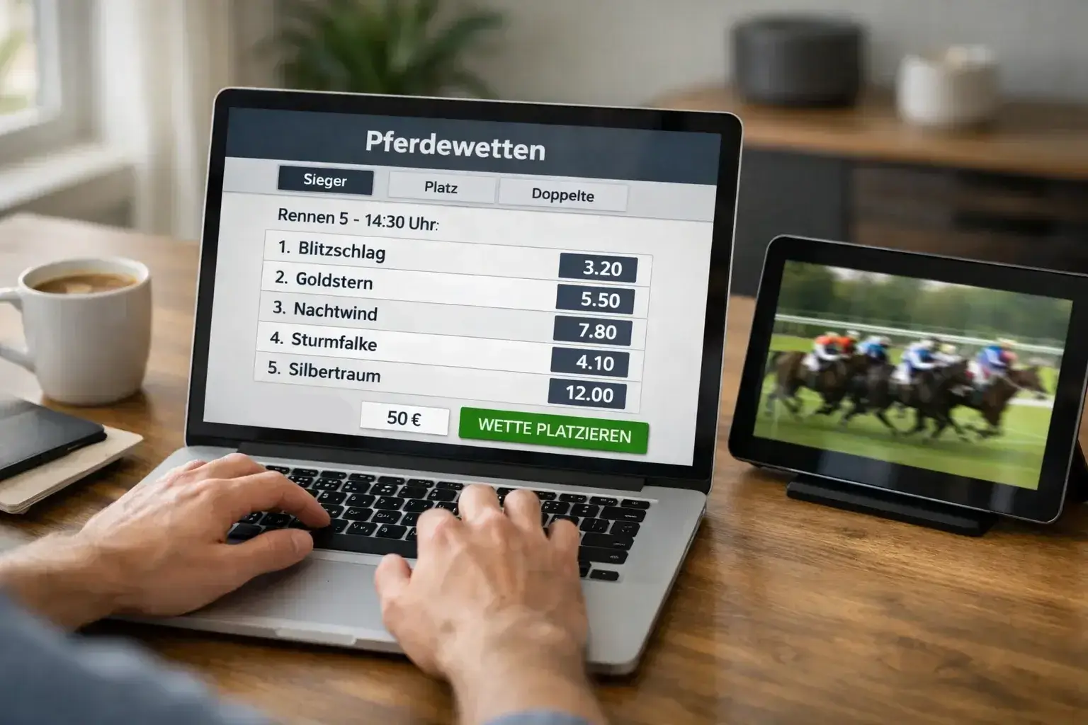 Person nutzt Laptop für Online-Pferdewetten mit Rennübertragung