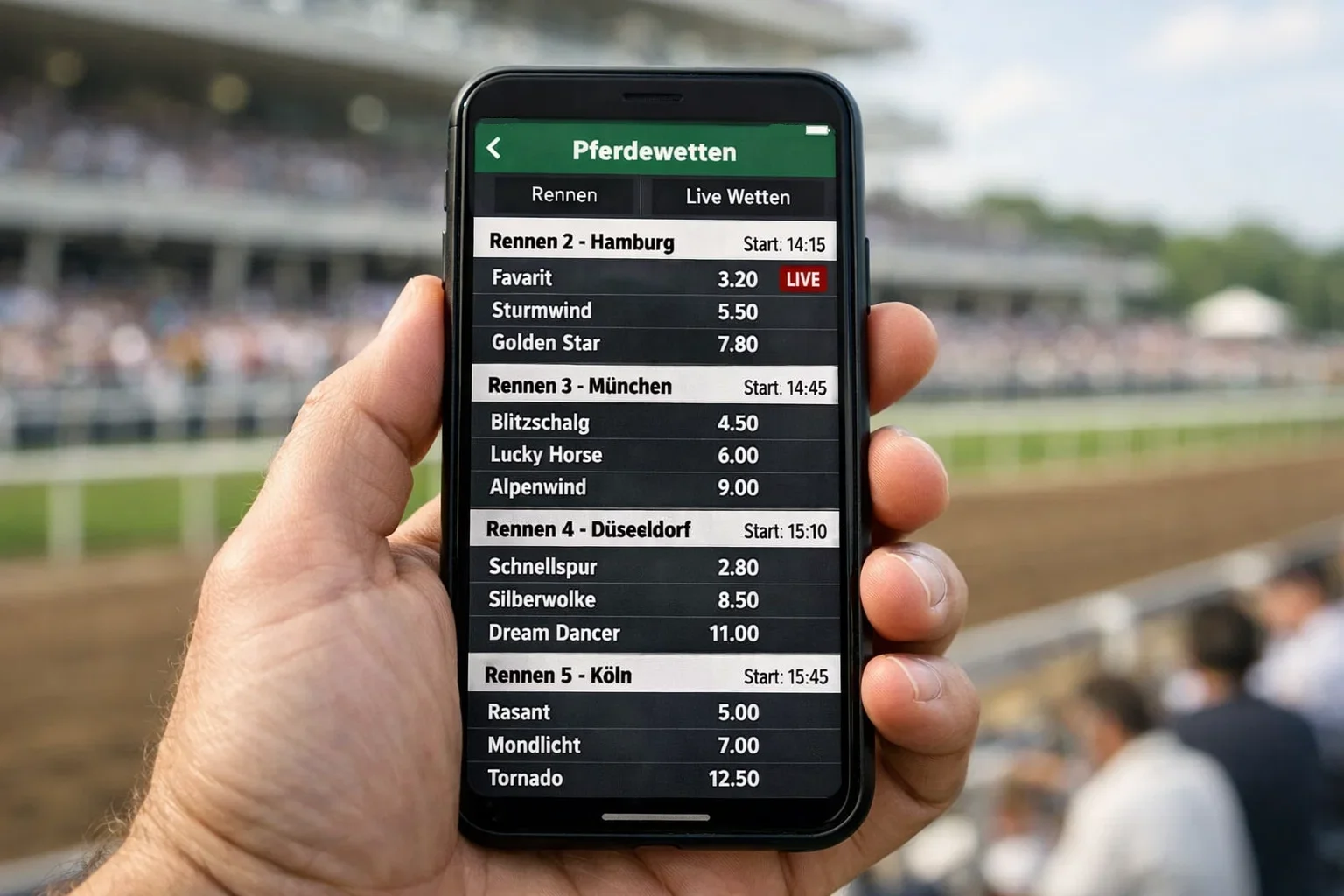 Smartphone zeigt Pferdewetten App mit Live-Quoten