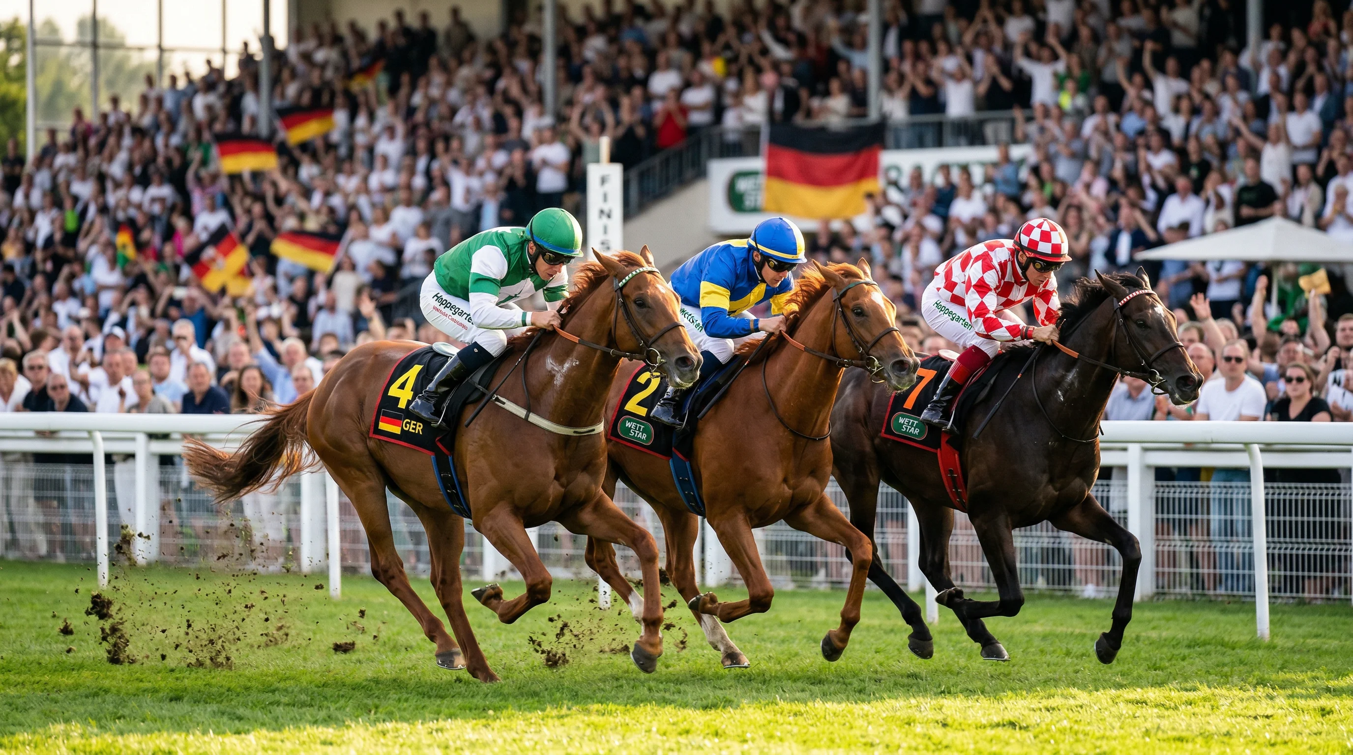 Galopprennen auf einer deutschen Rennbahn mit Jockeys im Zieleinlauf