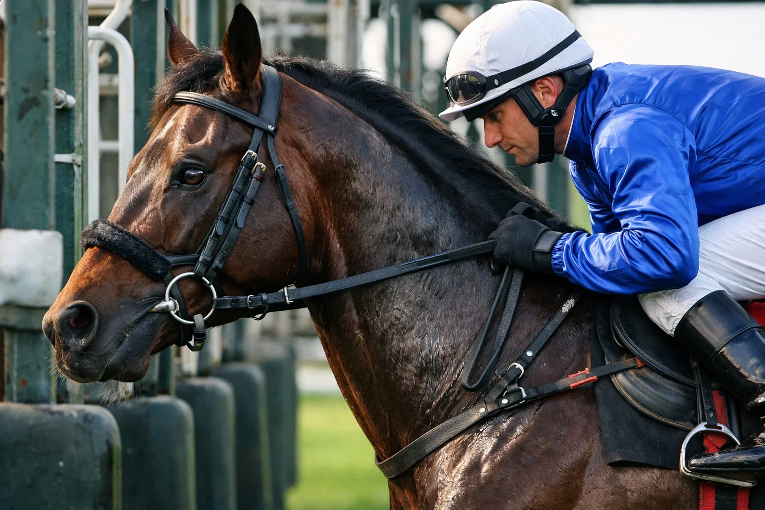 Nahaufnahme eines Rennpferdes mit Jockey am Start eines Galopprennens