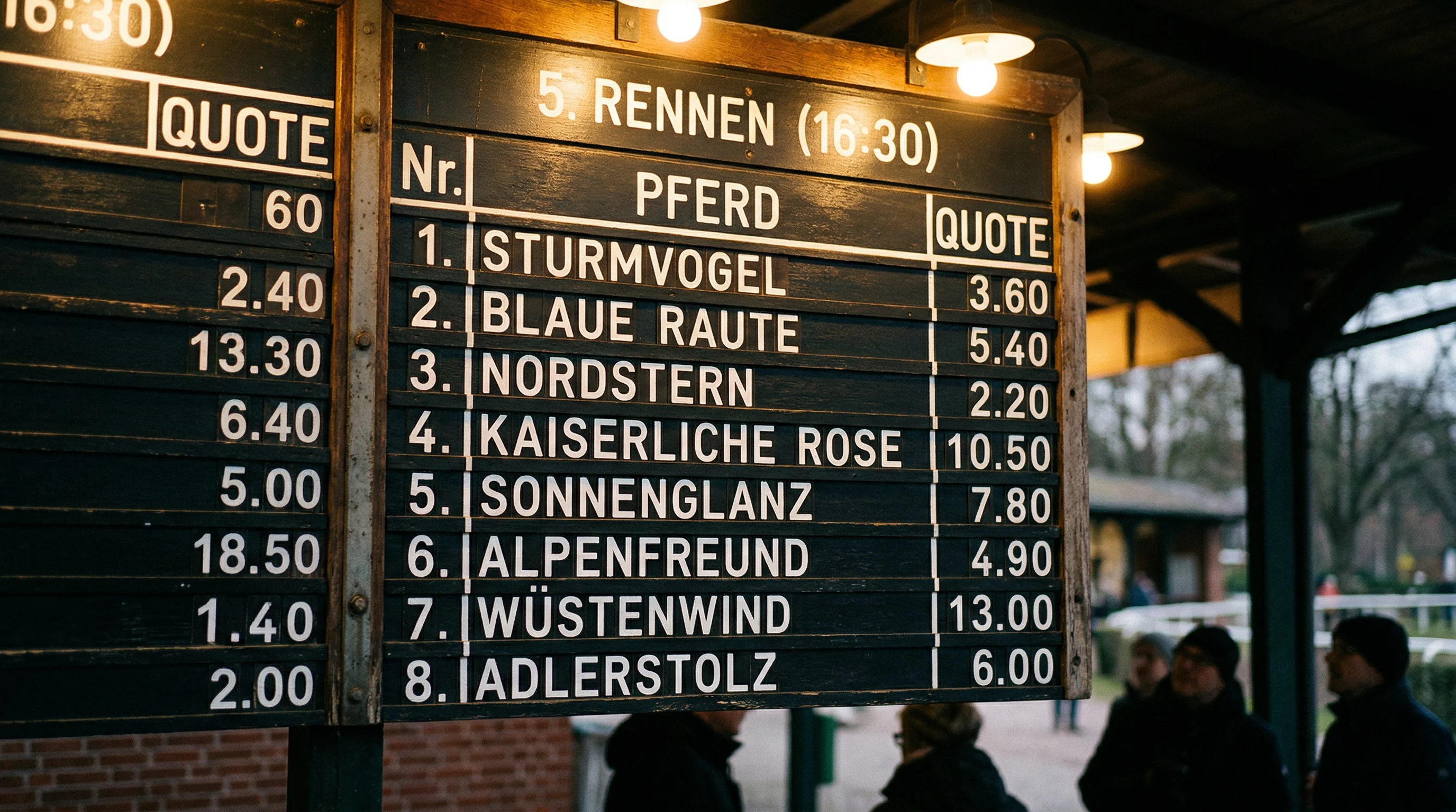Nahaufnahme einer Quotentafel auf einer Pferderennbahn