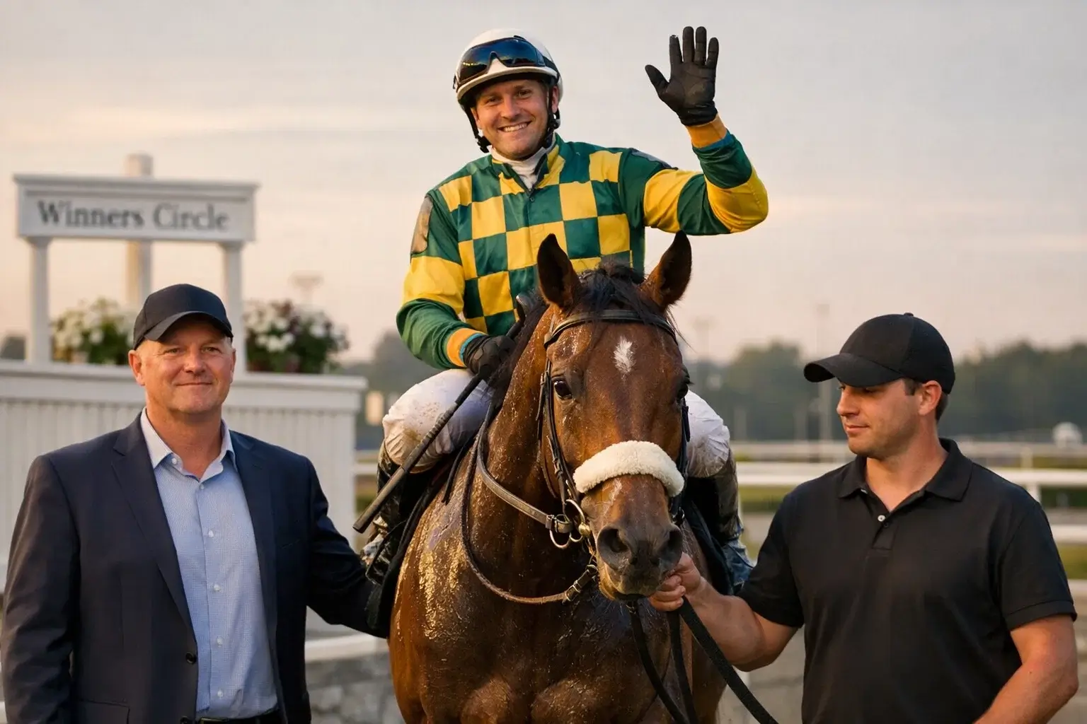 Siegreiches Pferd mit Jockey nach dem Rennen