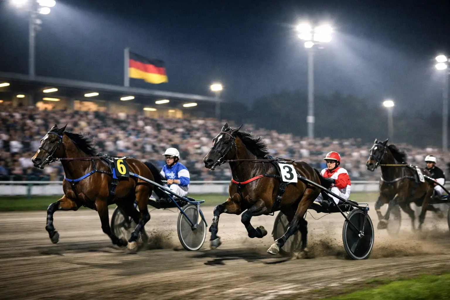 Trabrennen auf einer deutschen Trabrennbahn bei Flutlicht