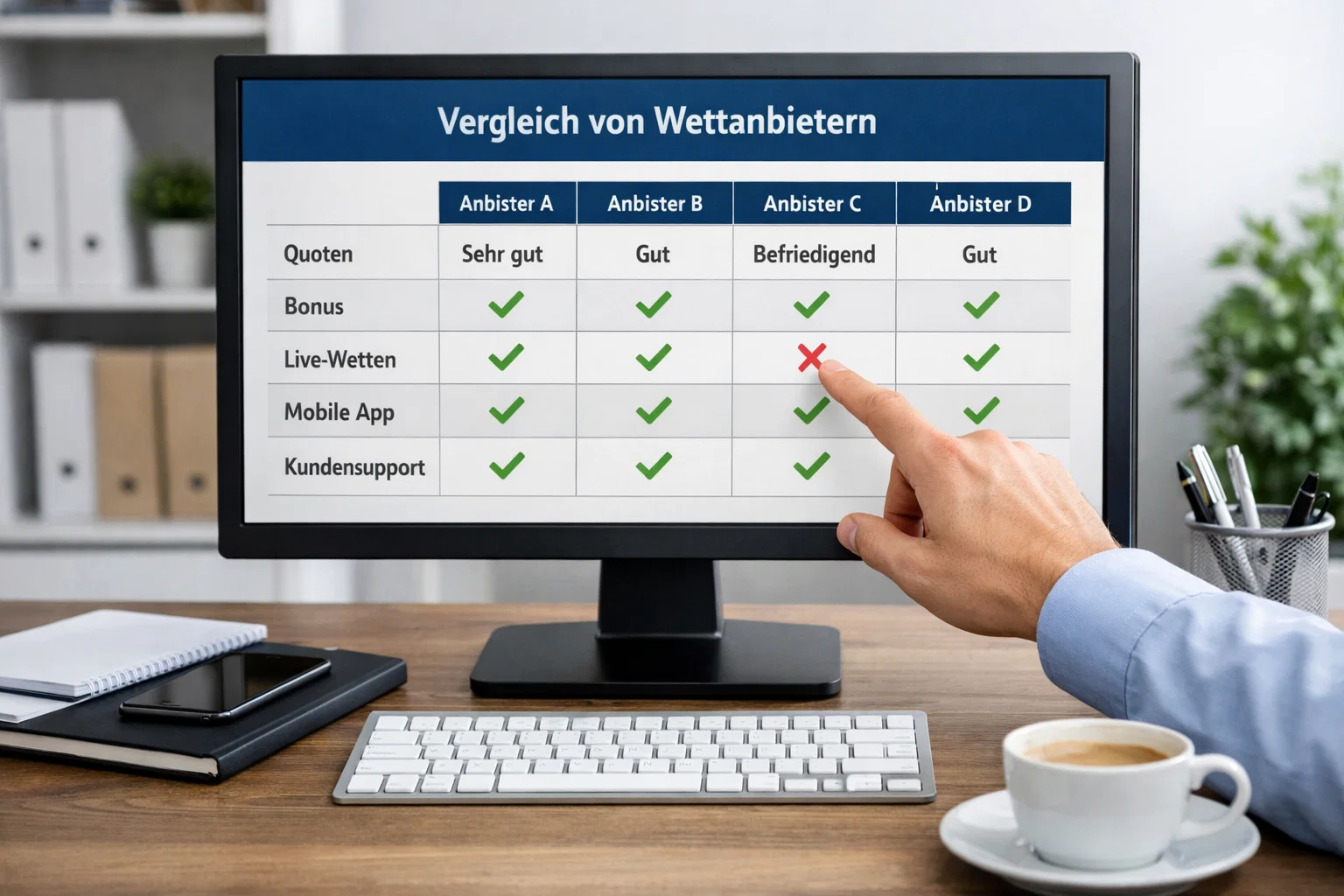 Vergleichstabelle verschiedener Wettanbieter auf einem Bildschirm
