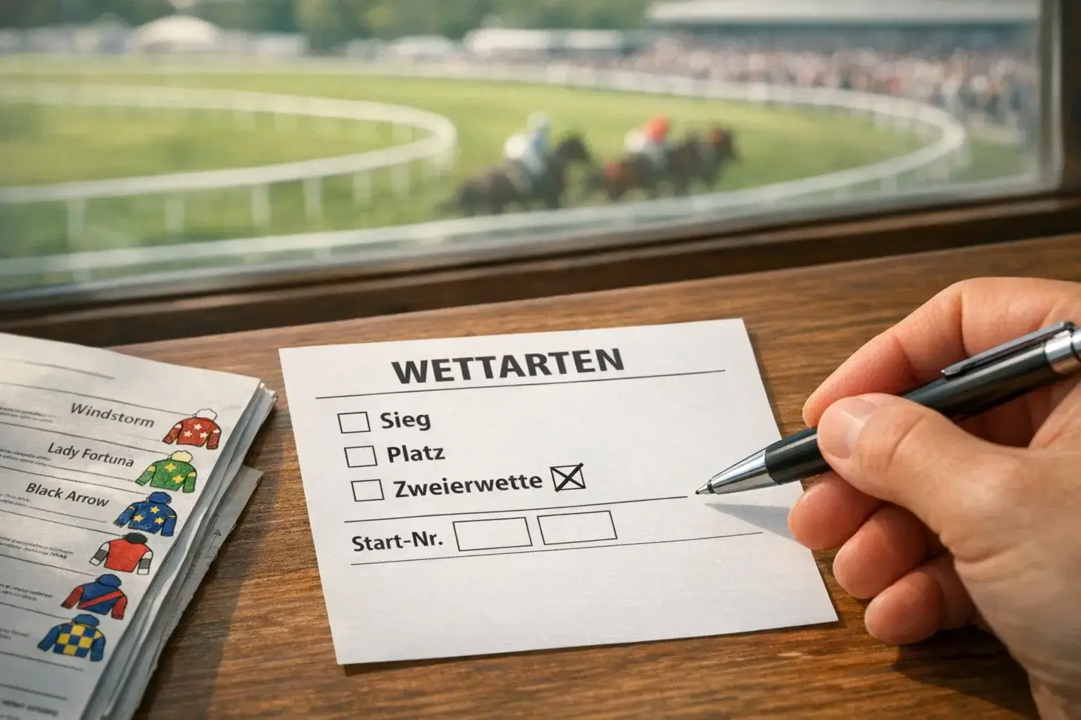 Wettschein für Pferderennen mit verschiedenen Wettoptionen