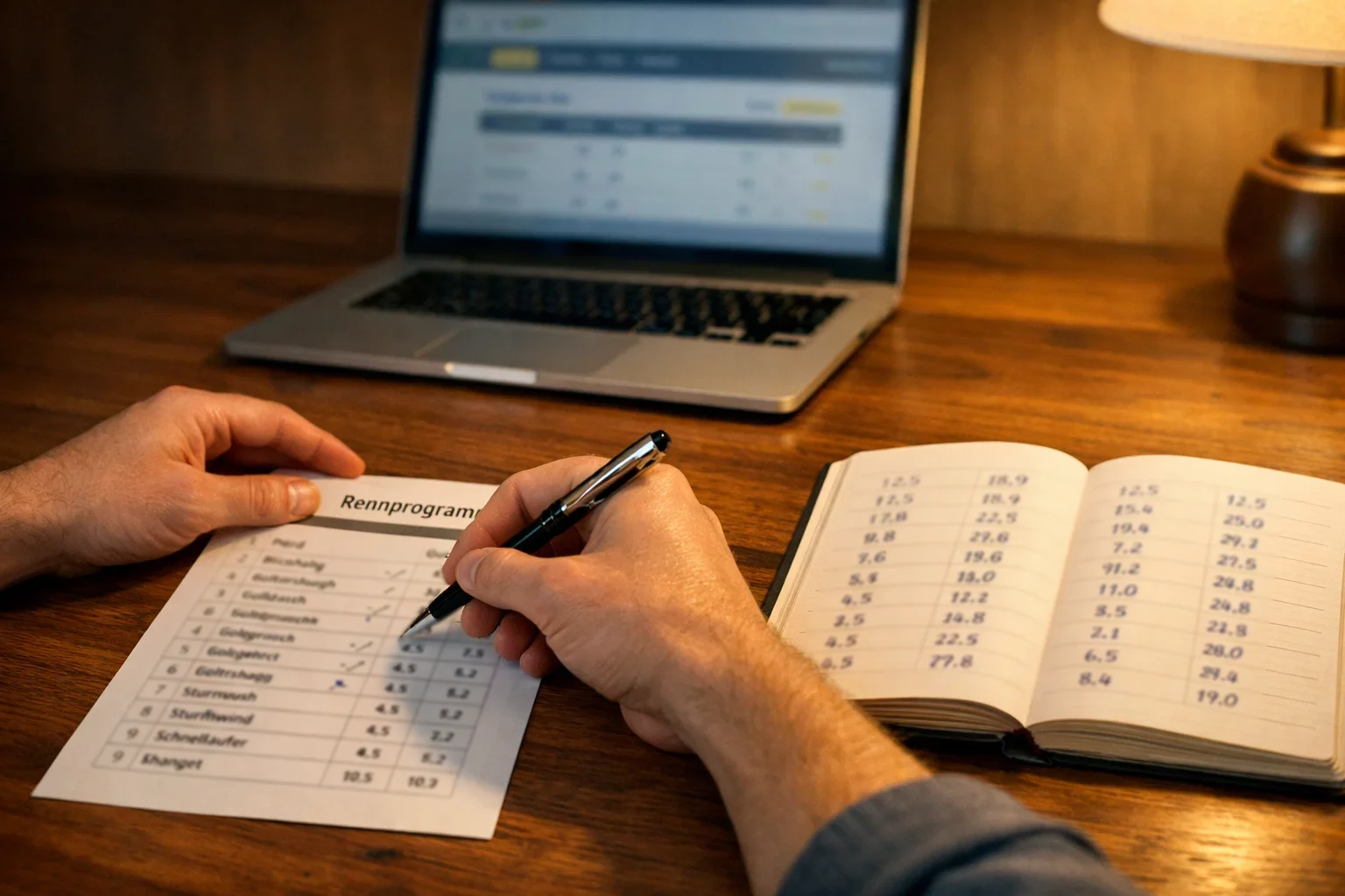 Person analysiert Rennformulare und Wettquoten am Schreibtisch